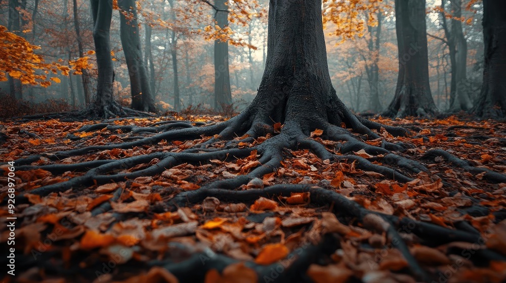 Poster an enchanting forest scene showcasing tree roots intertwined with colorful autumn leaves, creating a
