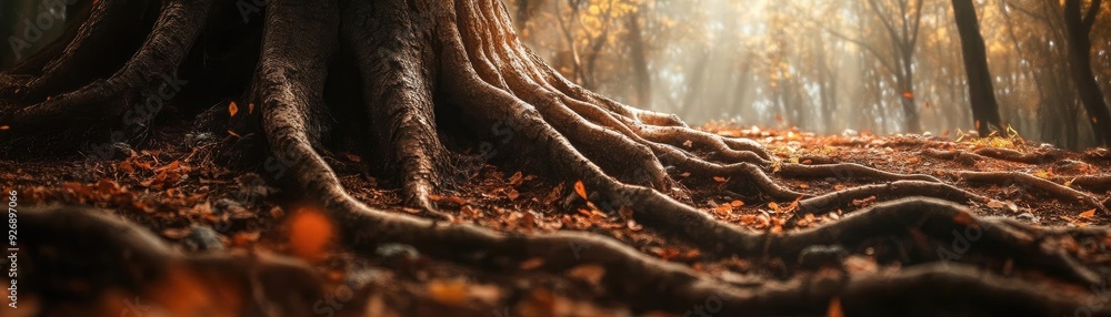 Aufkleber a serene view of tree roots in a forest, surrounded by autumn leaves and soft sunlight filtering thr