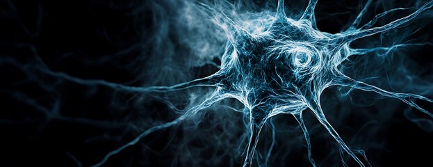 Abstract blue and black glowing neuron cell.