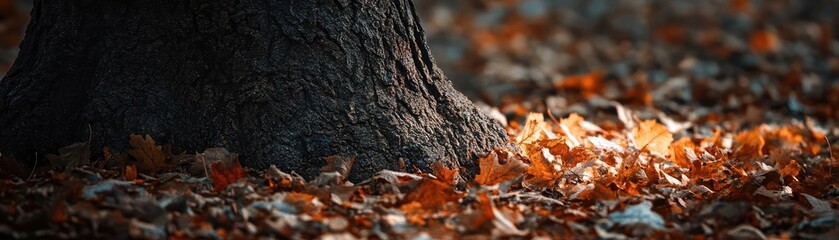 A serene scene of autumn leaves scattered on the ground, with the base of a sturdy tree, evoking a calm fall atmosphere.