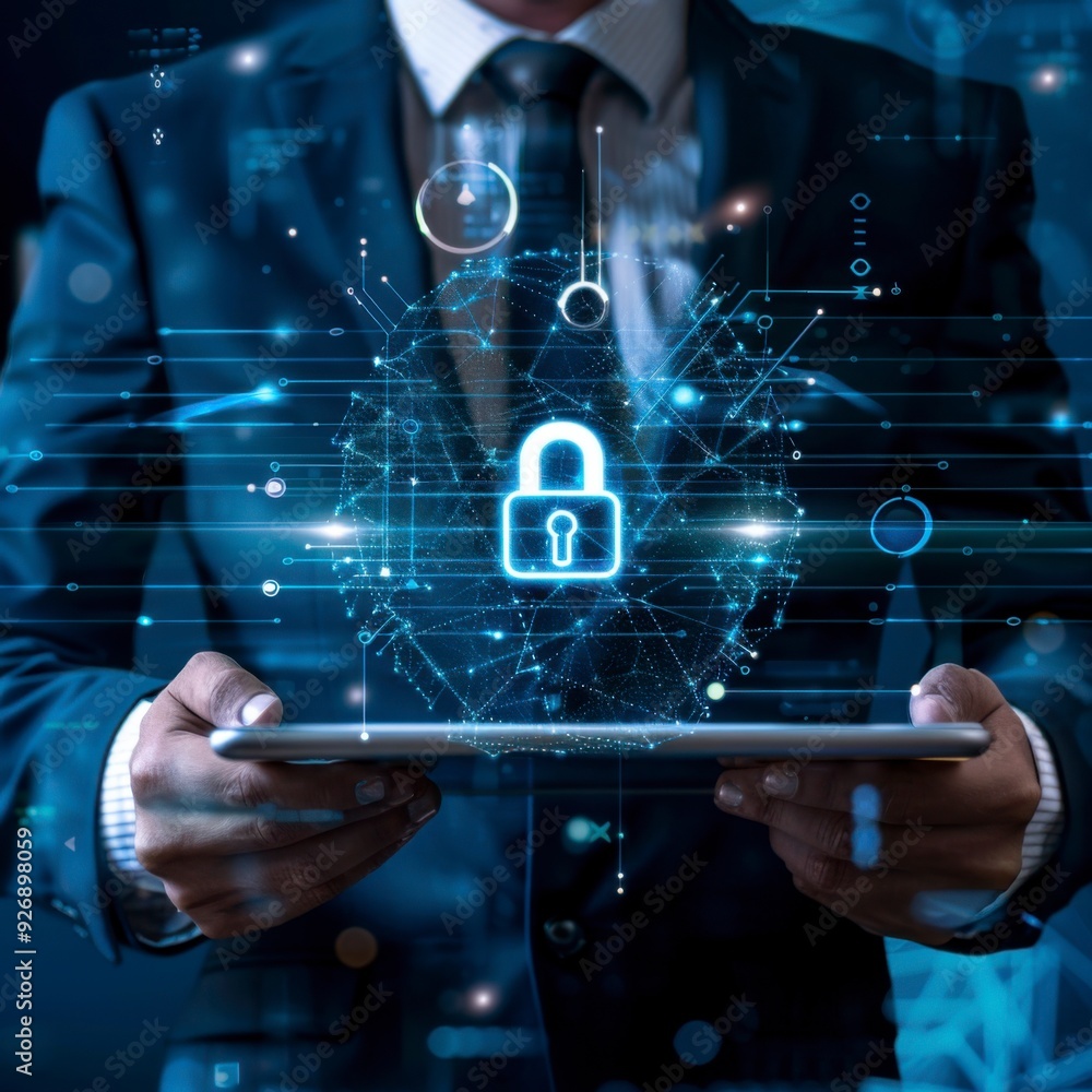 Poster a businessman shows a lock icon to protect data and secure internet access. the concept of cybersecu