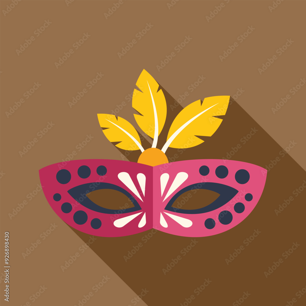 Sticker pink carnival mask with feathers is lying on the table, festival and celebration concept