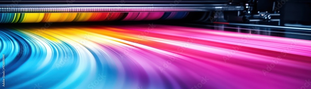 Poster vibrant colors blend seamlessly, showcasing a dynamic flow of ink in a modern printing process, perf