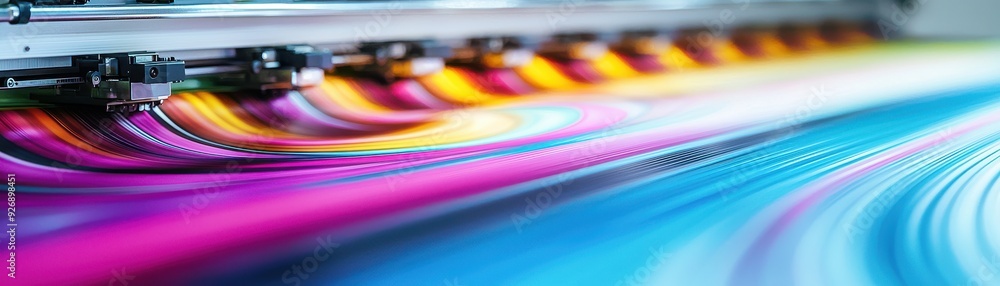 Poster vibrant colors flow from a high-quality printing machine, showcasing intricate patterns and a spectr