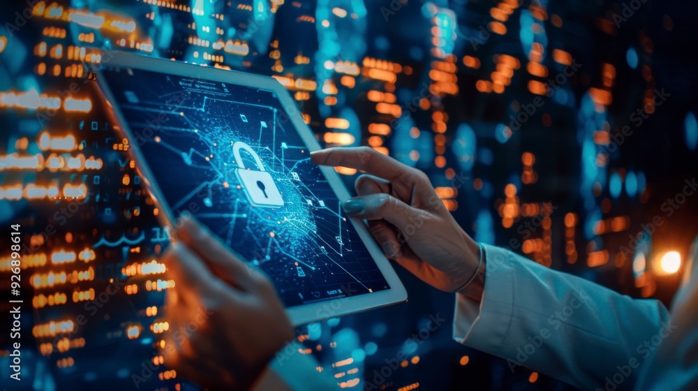 Poster a businessman shows a lock icon to protect data and secure internet access. the concept of cybersecu