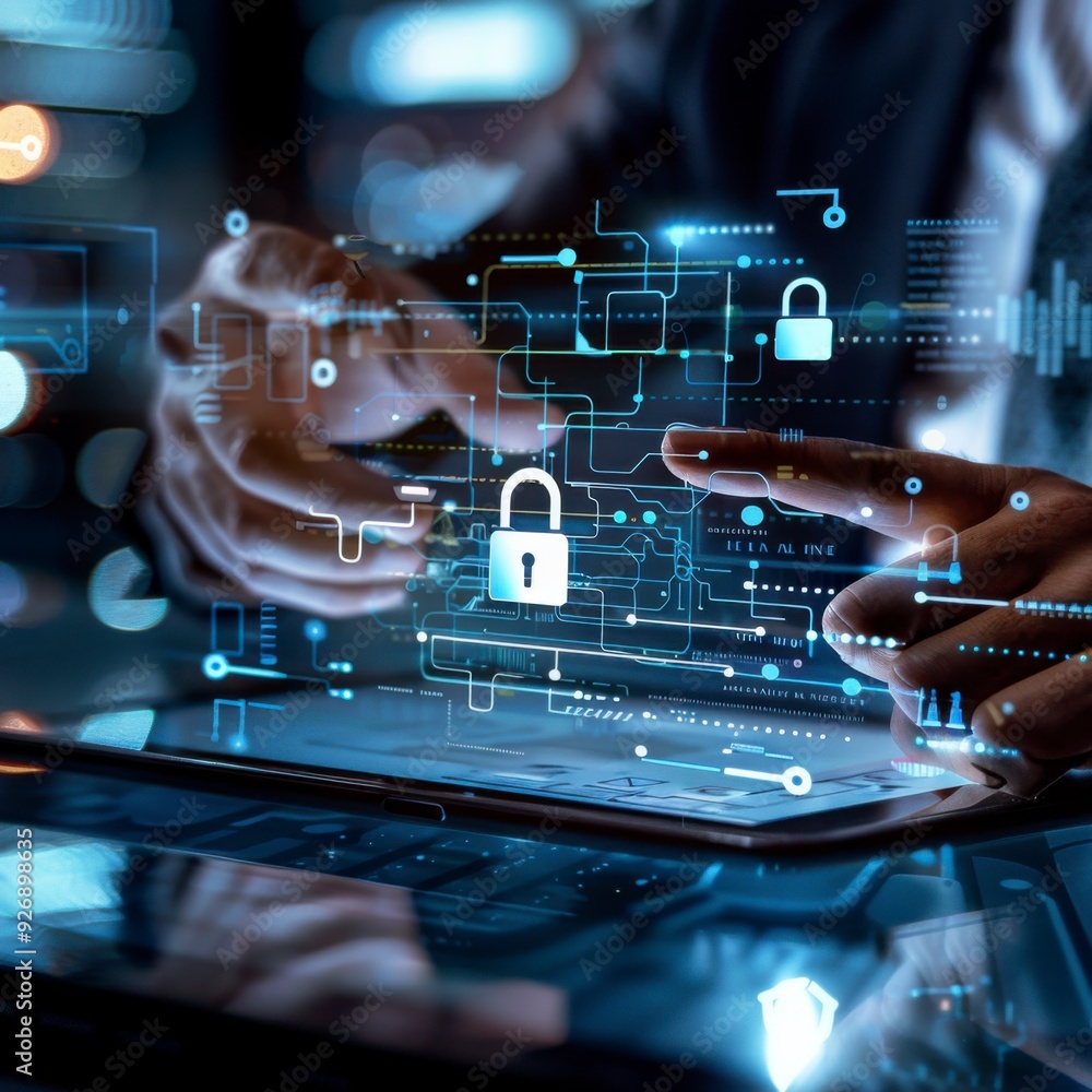 Poster a businessman shows a lock icon to protect data and secure internet access. the concept of cybersecu