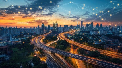 Fototapeta premium A smart city at dusk, with interconnected roads and buildings illuminated by energy-efficient lighting, showcasing the citys commitment to sustainability and green technology