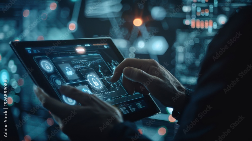 Poster a businessman shows a lock icon to protect data and secure internet access. the concept of cybersecu