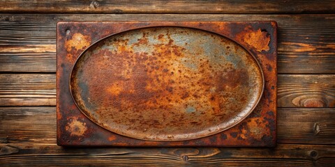 Rusty plate on wooden surface with corrosion and aged texture