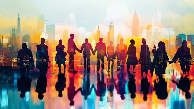 United We Stand: A vibrant, diverse community joins hands against a luminous cityscape, symbolizing unity and togetherness in a colorful, abstract style.
