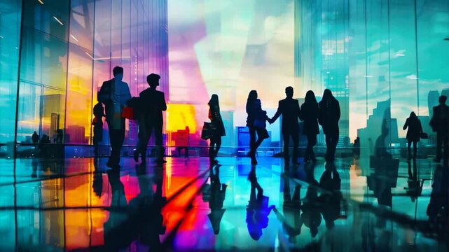 Silhouettes in the City: A vibrant, colorful cityscape backdrop illuminates the silhouettes of diverse individuals, capturing the energy and dynamism of modern urban life. Their presence suggests coll