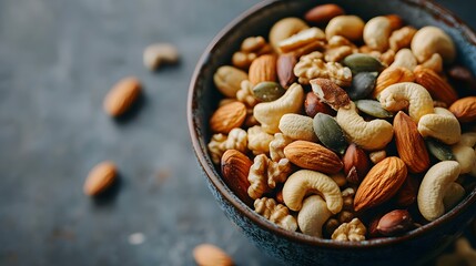 6. A bowl of mixed nuts and seeds with a focus on their texture and variety