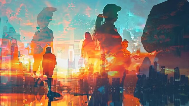 Echoes of the Future: A mesmerizing cityscape at sunset, overlaid with the silhouettes of people walking, hinting at the bustling life and technological advancements of a futuristic metropolis.