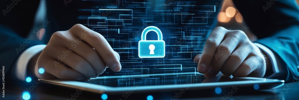 Poster a businessman shows a lock icon to protect data and secure internet access. the concept of cybersecu