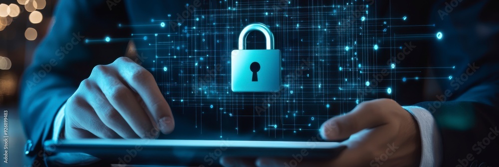 Aufkleber a businessman shows a lock icon to protect data and secure internet access. the concept of cybersecu