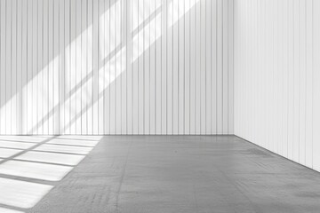 Obraz premium Empty Room with White Walls and Polished Wooden Floor, Minimalist Interior with Vertical Lines on White Wall for Product Presentation