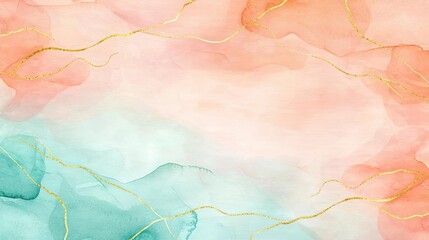 Obraz premium Soft watercolor background in pastel peach and light blue, highlighted by intricate gold lines and smooth brush textures