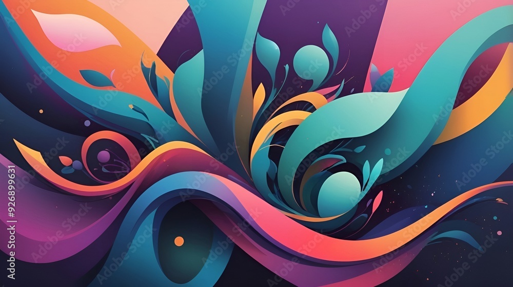 Poster abstract background by layering vibrant colors and geometric shapes in a freeform style, emphasizing depth and movement

