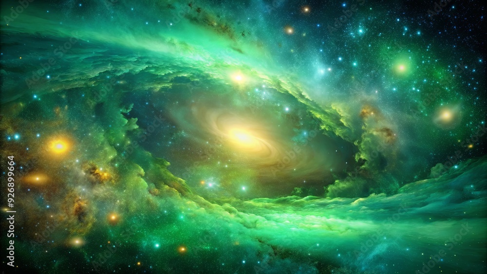 Wall mural abstract green galaxy space background with colorful cosmos universe backdrop