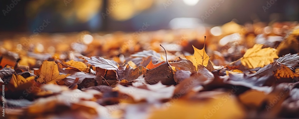 Poster a close-up view of vibrant autumn leaves scattered on the ground, capturing the essence of fall with