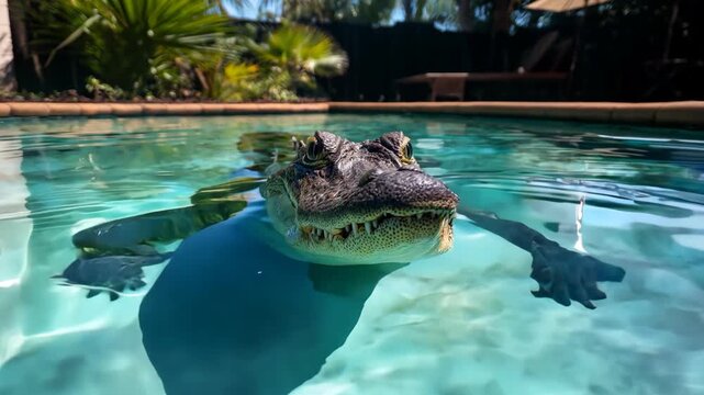 close up happy alligator swimming floating in swimming pool with relax and joy, funny animal video