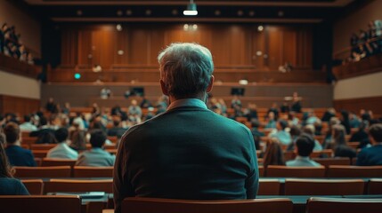 A university professor lecturing on the importance of knowledge investment for personal growth wide-angle shot academic setting bright presentation screen