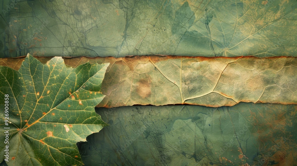 Fototapete a textured leaf background with a blurred strip in the middle, ideal for text placement.