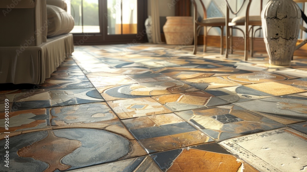 Poster a tile floor with a mix of different shapes and sizes, adding visual interest and creativity.