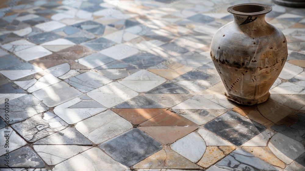 Poster a tile floor with a mix of different shapes and sizes, adding visual interest and creativity.