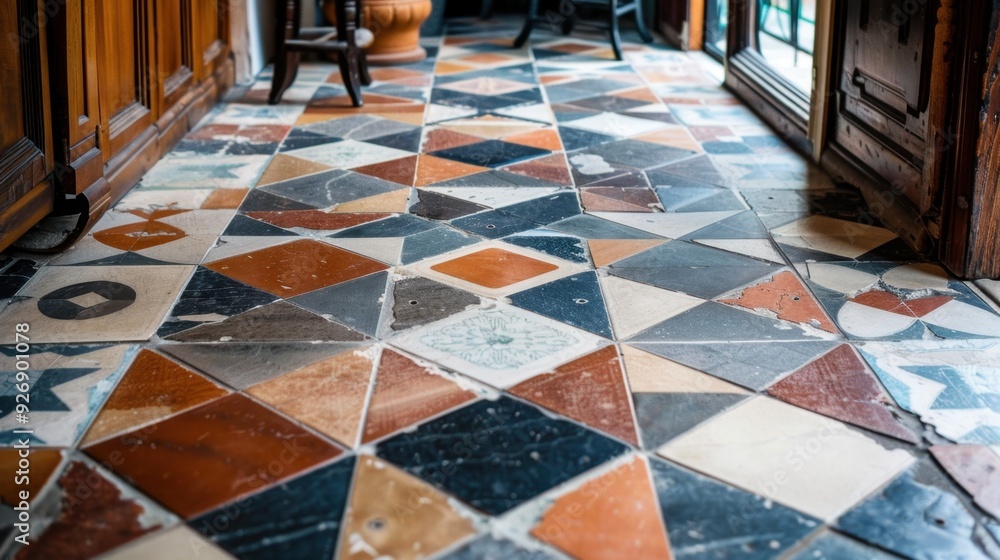 Poster a tile floor with a mix of different shapes and sizes, adding visual interest and creativity.