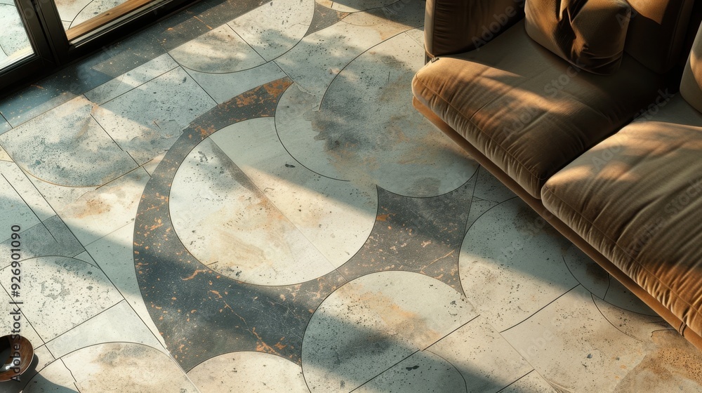 Poster a tile floor with a mix of different shapes and sizes, adding visual interest and creativity.