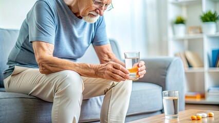 Elderly person with knee pain taking dietary supplements for pain management
