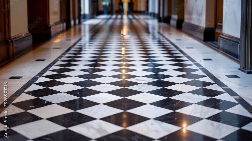 Poster a tile floor with small, square tiles in a random pattern, adding a playful touch to the space.