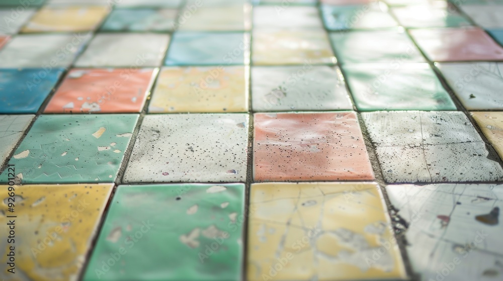 Poster a tile floor with small, square tiles in a random pattern, adding a playful touch to the space.