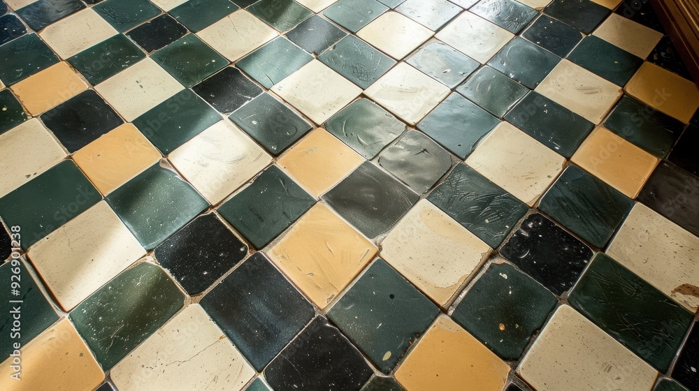 Poster a tile floor with small, square tiles in a random pattern, adding a playful touch to the space.