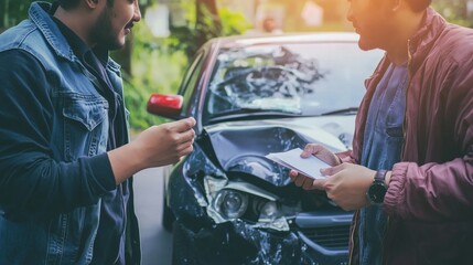Two drivers exchanging insurance information after a minor car accident, with their cars in the background