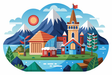 Fototapeta premium A Flat-Style Illustration of a Town in a Mountainous Landscape with a Lake