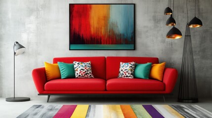 Modern Living Room Interior Design with Red Sofa