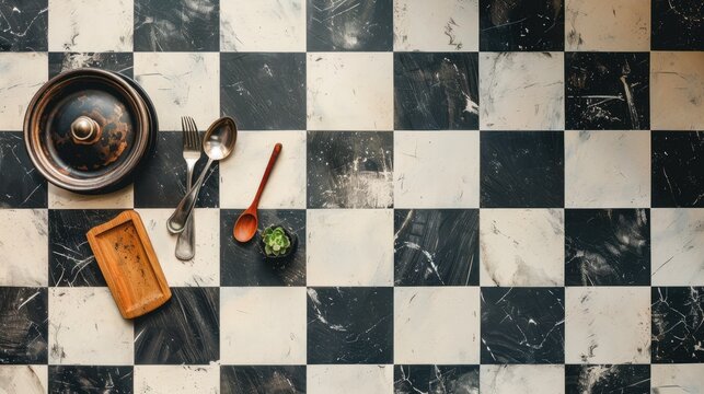 A top-down view of a classic black-and-white checkered tile floor in a vintage kitchen.