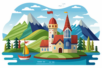 Fototapeta premium A Cartoon Castle on an Island with a Boat in the Lake