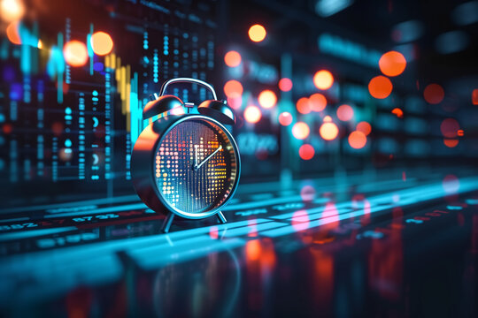 Digital Alarm Clock with Financial Data Background Representing Time Management in Stock Market Trading