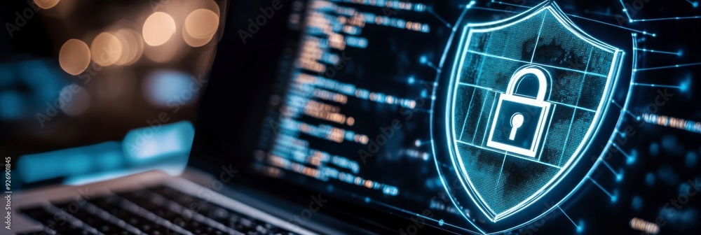 Poster a businessman shows a lock icon to protect data and secure internet access. the concept of cybersecu