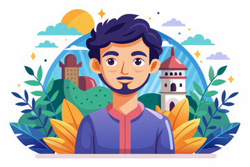 A Smiling Man with a Blue Shirt and a Building in the Background