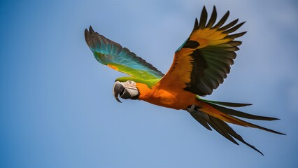 Macaw Flying on a Blue Sky Background Wallpaper, Cover and Screen for Smartphone, Cell Phone, Computer, Laptop, 9:16 and 16:9 Format