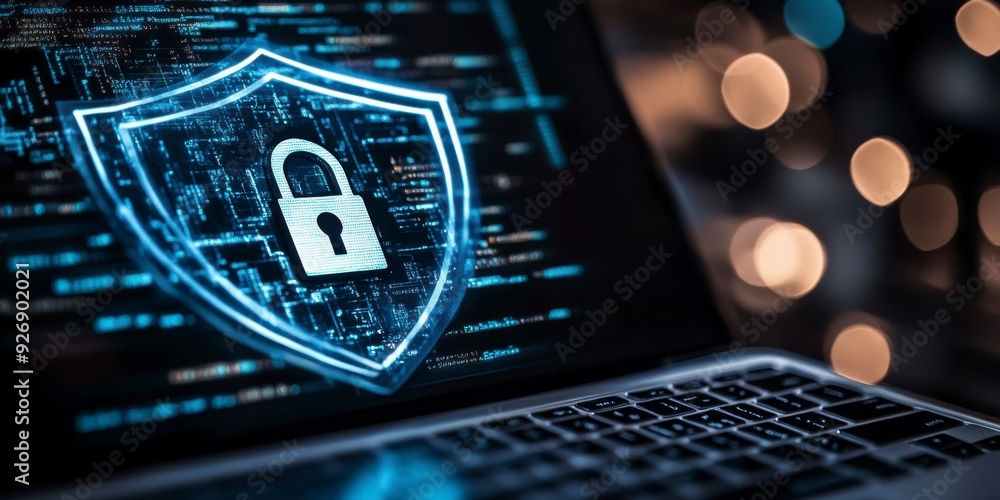 Poster a businessman shows a lock icon to protect data and secure internet access. the concept of cybersecu