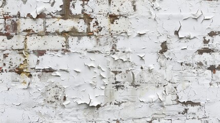 Obraz premium A weathered white brick wall with peeling paint, showing the passage of time and history.