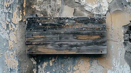 Naklejka premium A weathered wooden sign with a rough surface and chipped edges, propped up against a weathered wall.