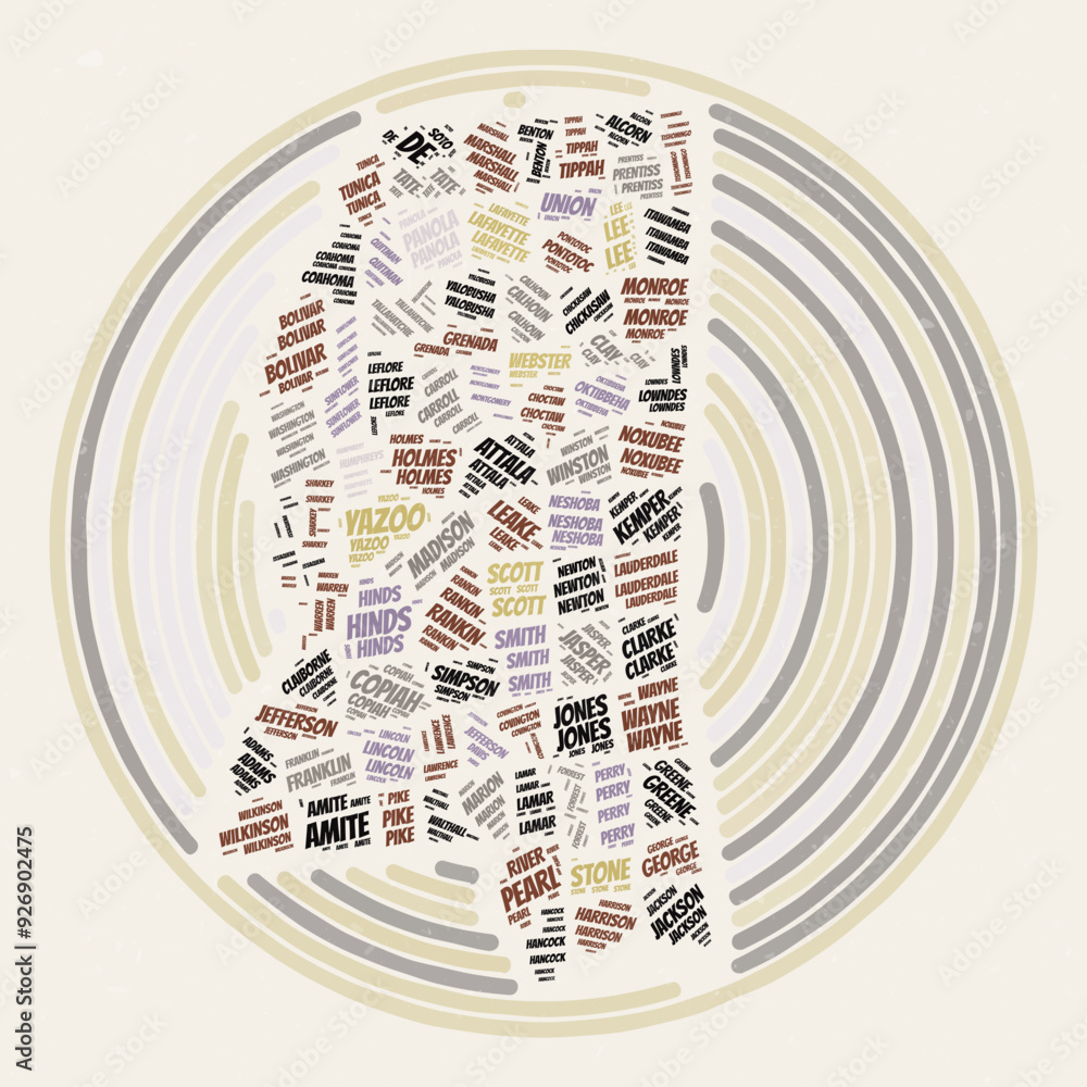 Poster typography style image of the state of mississippi. counties word clouds of mississippi. vintage ima