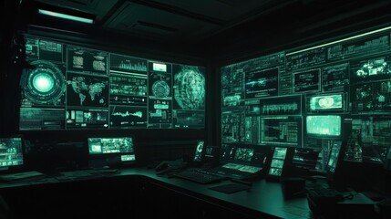 Obraz premium Floating holographic interfaces in a dark room