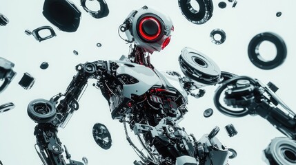 Futuristic robot parts assembling themselves in mid-air